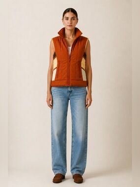 Vintage 70s Color Block Nylon Puffer Vest Burnt Orange Ski Utility Medium